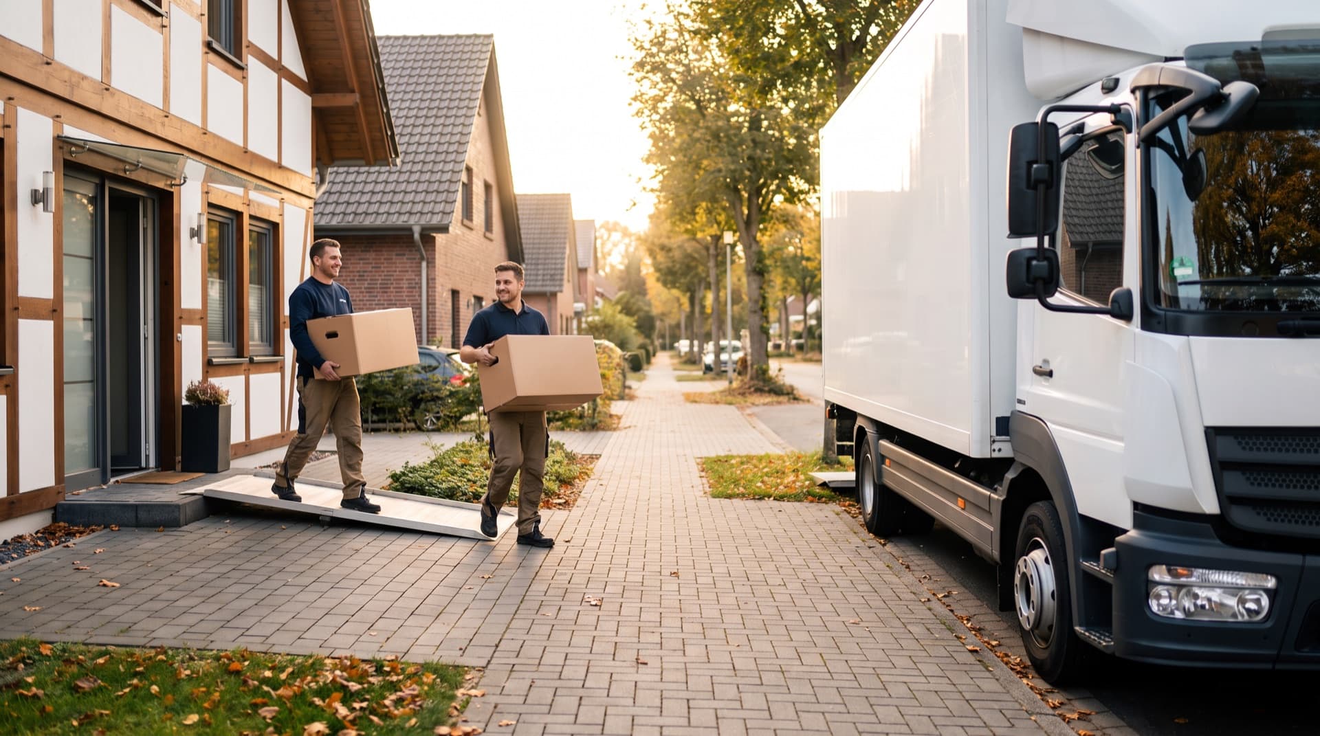 Umzugshelfer tragen Kartons zum Umzugswagen