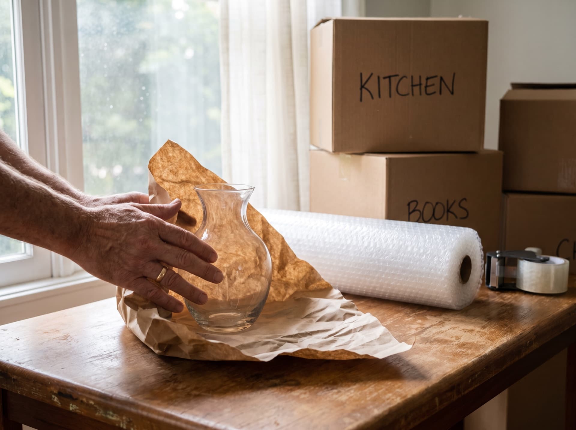 Zerbrechliches Glas wird sorgfältig verpackt